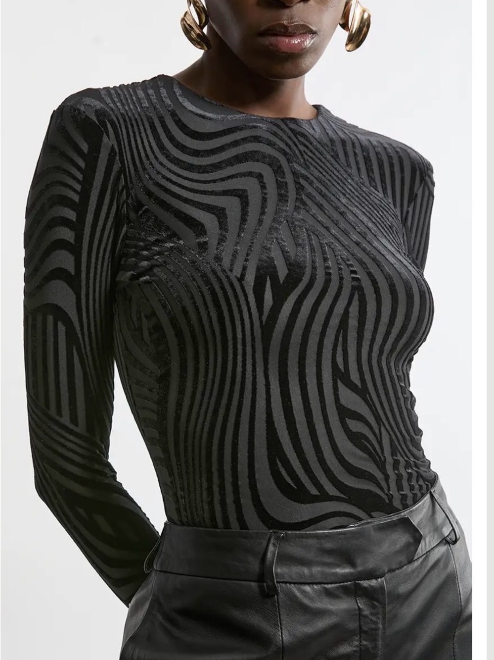 Black Patterned Long-Sleeve Velvet Burnout Mesh Top